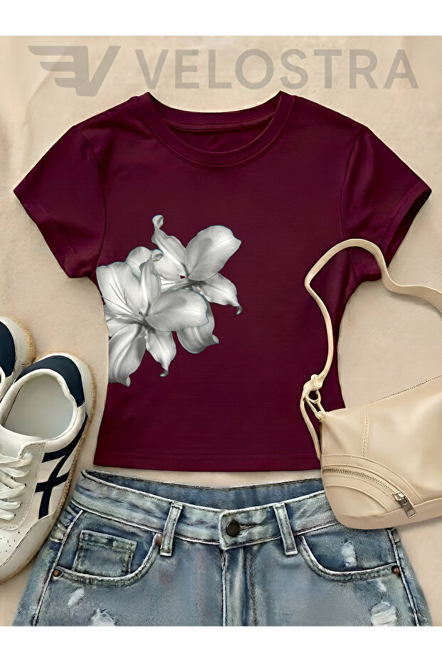 Women's Floral Printed Basic Daily Use Crop T-Shirt