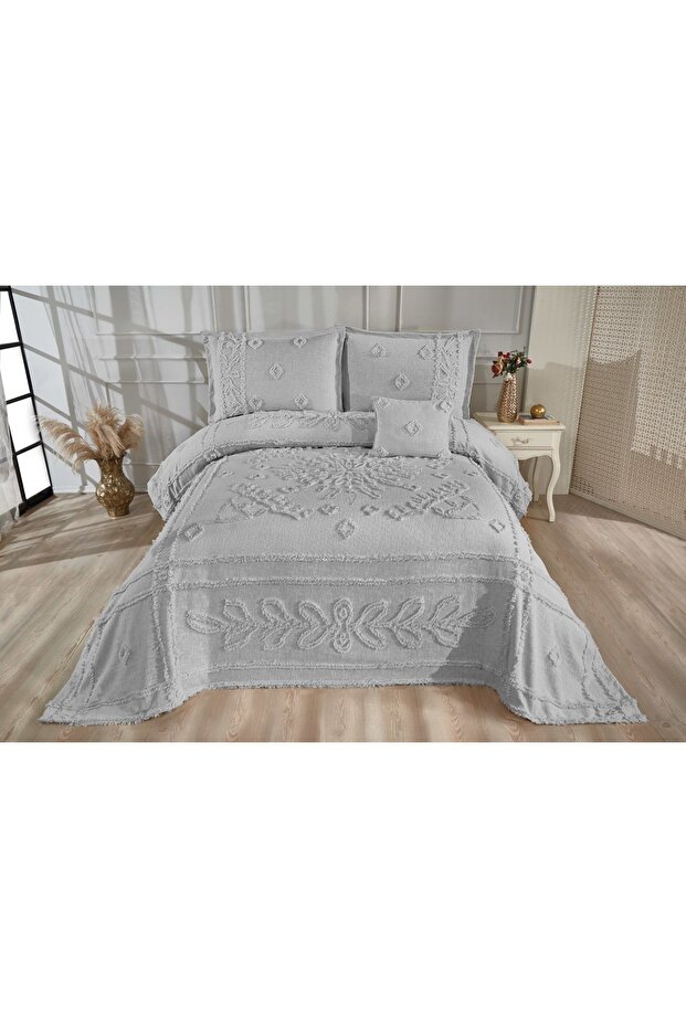 Angela Pano Bohemian Bearded Orginal Chenille Double Bedspread Gray