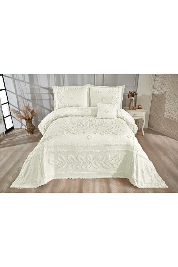 Angela Pano Bohemian Bearded Original Chenille Double Bedspread Cream