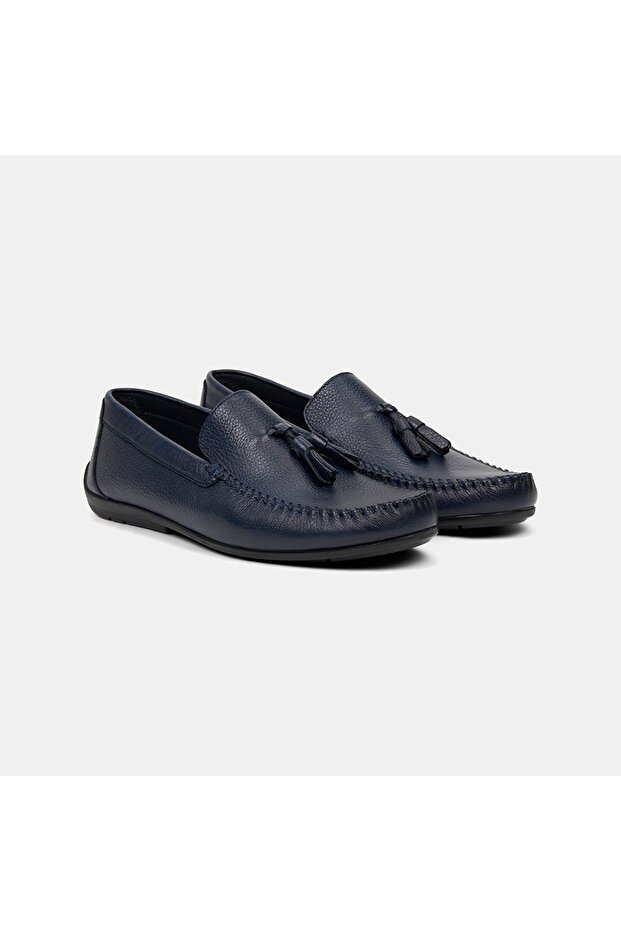 Men's Navy Blue Tassel Detail Leather Loafers
