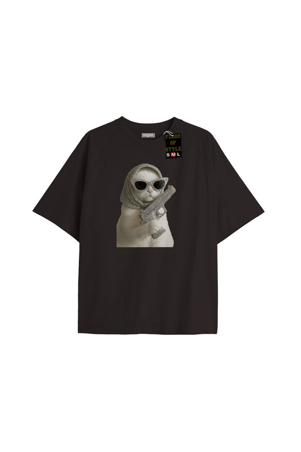 Black Oversized T-Shirt Stone Patterned Cats Custom Design