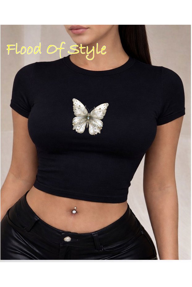 Black Babby Tee Stone Patterned Butterfly Special Design