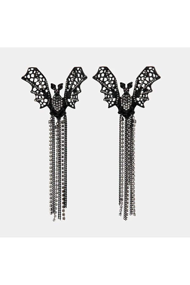 Black Wing Chain Detail Bat Earrings