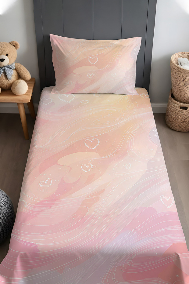 Pastel Heart Clouds Patterned Bedspread and Pillowcase