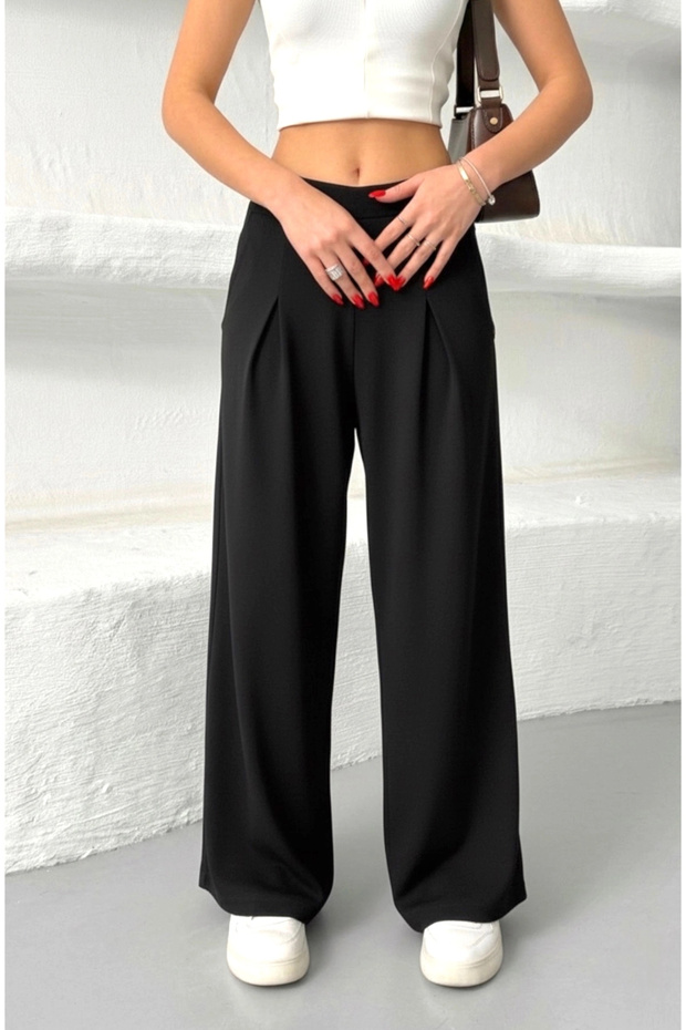 Women's Black High-Waisted Wide-Leg Pants with Elastic Waist That Offers Freedom of Movement