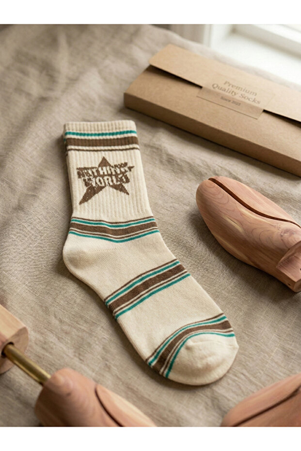 Written Unisex Cotton Pack College Socks Brown Striped Retro Design Daily Socks 1 Pair