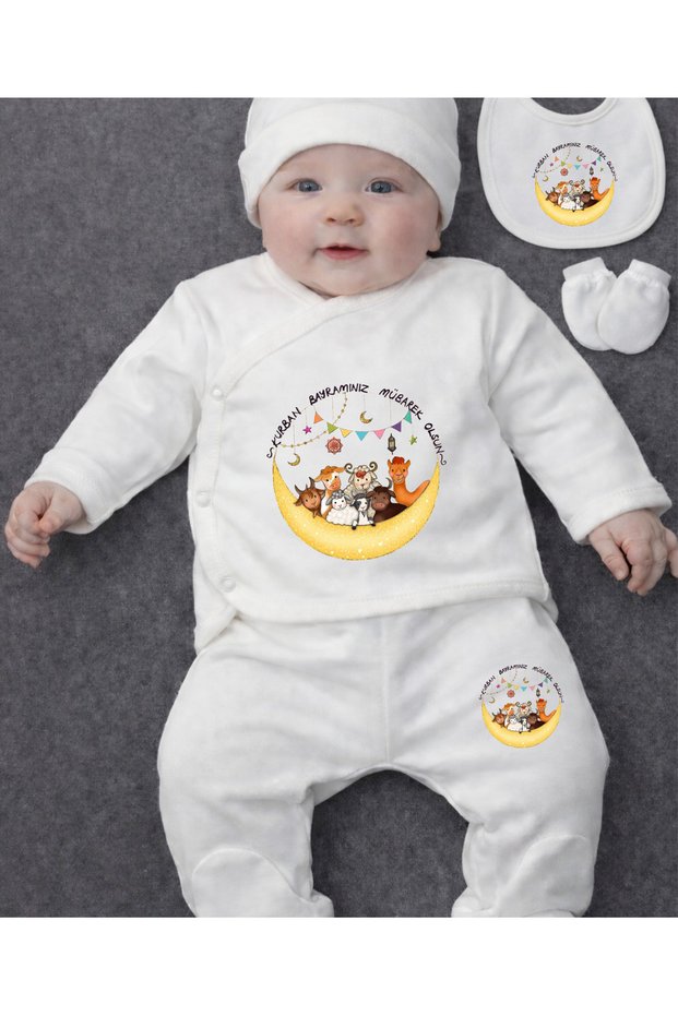 Set of 5: Eid Al-Adha Written Baby Girl and Boy Top and Bottom Set
