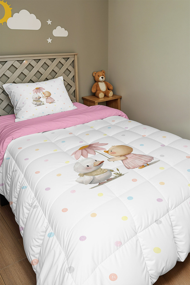 Cute Ducks with Flowers Patterned Single Duvet and Pillowcase