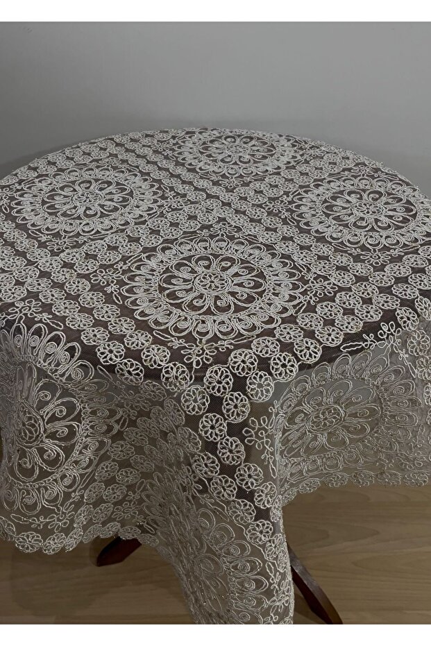 Fiskos Tablecloth Tulle Guipure Lace Dowry Box-Gold Silvery Ecru Fiskos