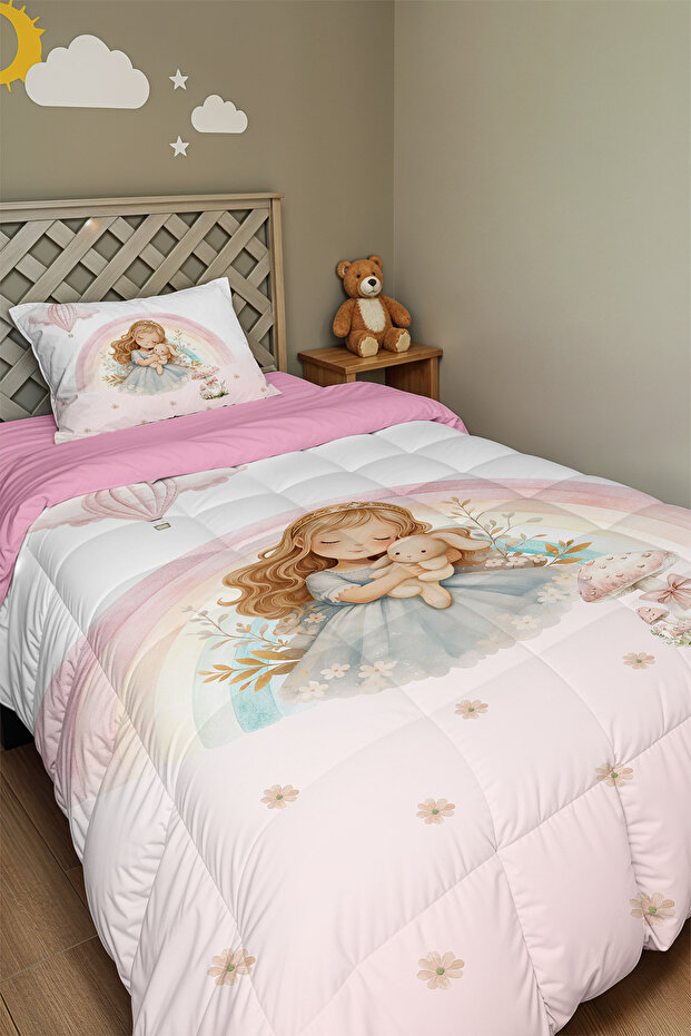 Sleeping Beauty and Her Rabbit Patterned Single Duvet and Pillowcase