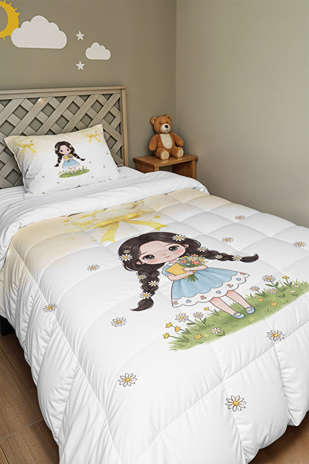 Cute Girl with Daisy Patterned Single Duvet and Pillowcase