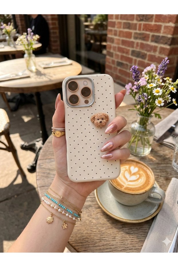 iPhone 13 Pro Max Compatible Polka Dot Patterned 3D Dog Figure Silicone Case Shock-Absorbing Phone Case