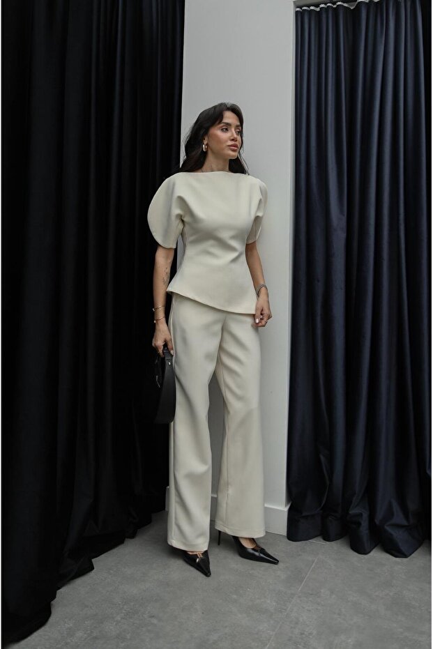 Beige Savone Asymmetrical Blouse Pants Set