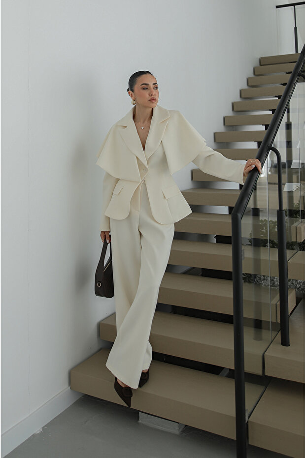 Ecru Cape Jacket and Trousers Set - 1