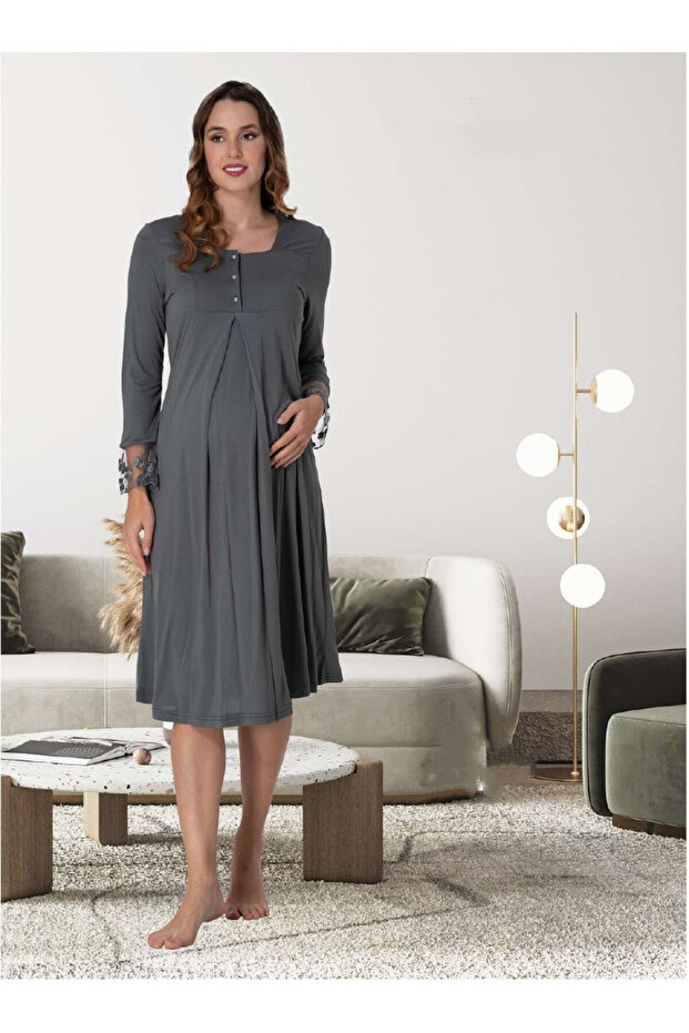 Dvina Maternity Long Sleeve Nightgown - Smoked
