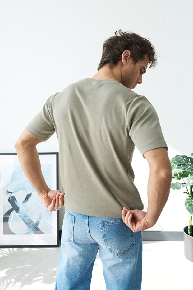 Men's Çağla Henley Buttoned Collar Half Placket Knitted Basic T-Shirt - 3