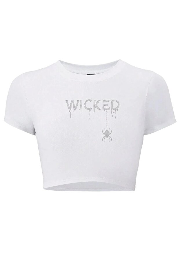 Harajuku Y2K Wicked Written Glitter Stone Printed White Cropped Tshirt