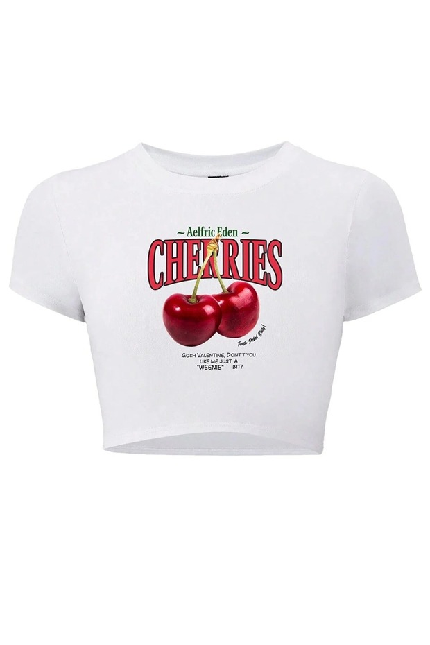 تيشيرت نسائي من Ophella Cherries مطبوع أبيض بقصة قصيرة