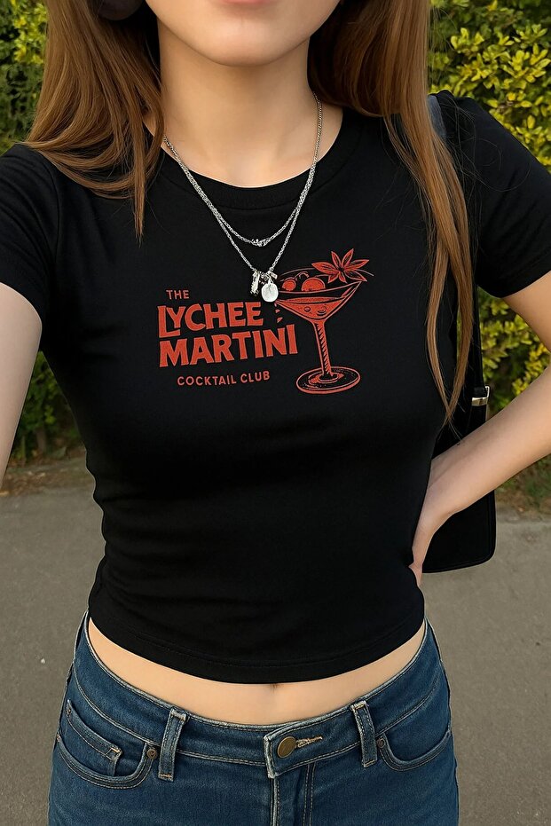 Harajuku Y2K Lychee Martini Written Black Cropped Tshirt