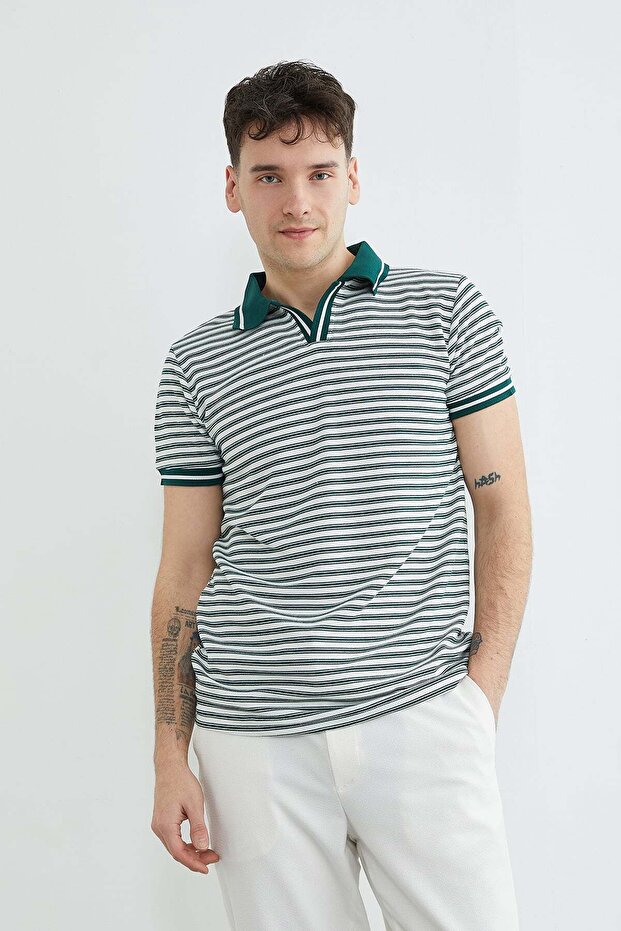 Striped Polo Neck T-Shirt