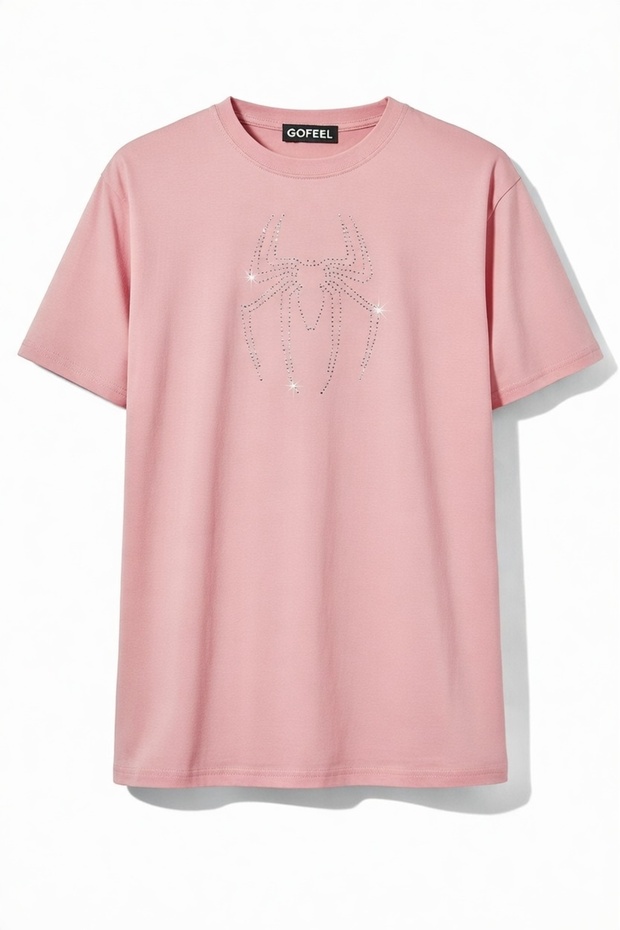 Unisex Oversized Pink Spider Glitter Stone T-Shirt