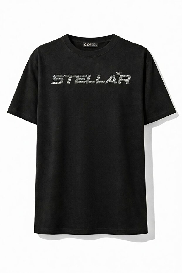 Unisex Oversized Black Stellar Glitter Stone T-Shirt
