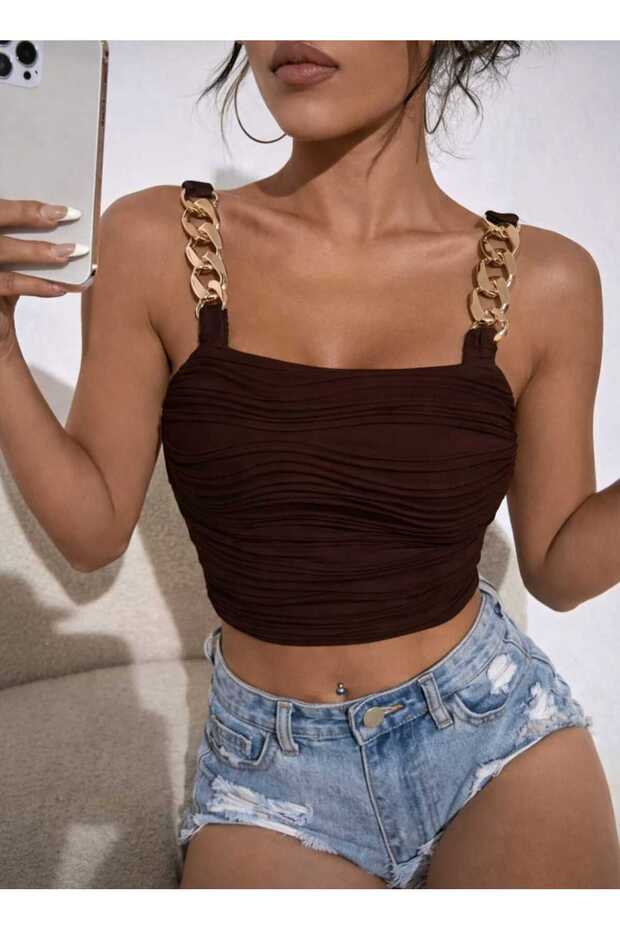 Chain Detail Square Collar Wave Jacquard Cropped Blouse