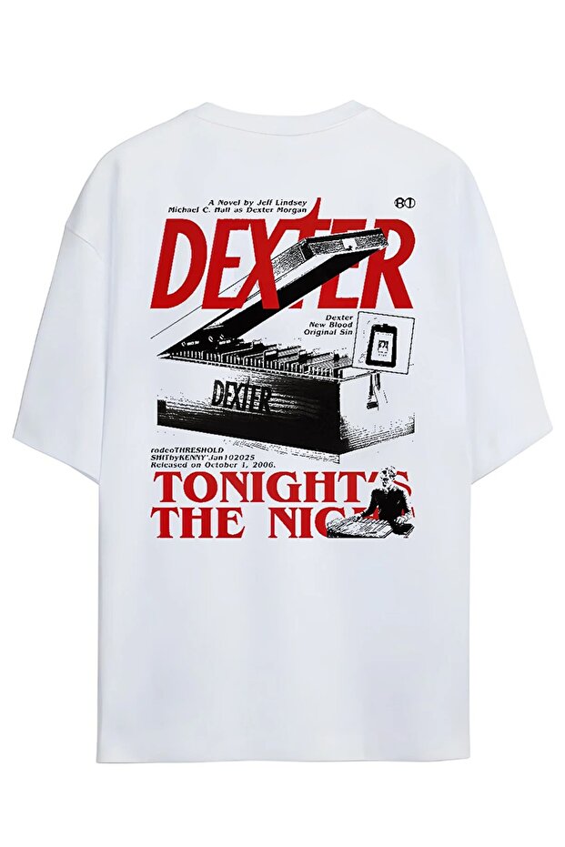 Unisex Oversized White Dexter Tonight the Night Detailed T-Shirt