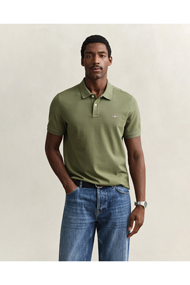 Men's Green Regular Fit Logo Polo Neck T-Shirt