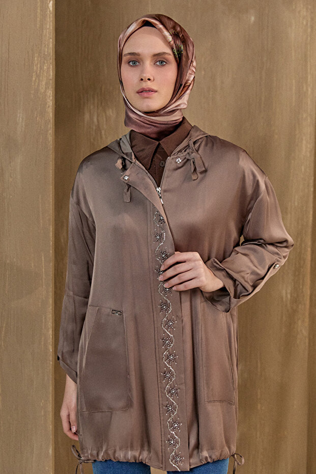 İşlemeli Floş Saten Tunik - 2