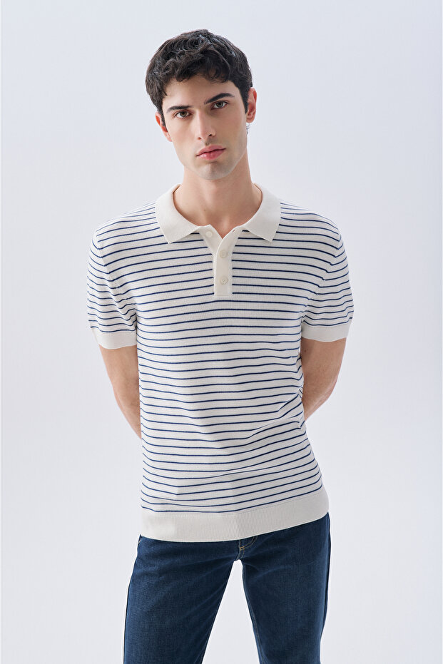 Men's Ecru Striped Polo Collar Short Sleeve Knit Sweater