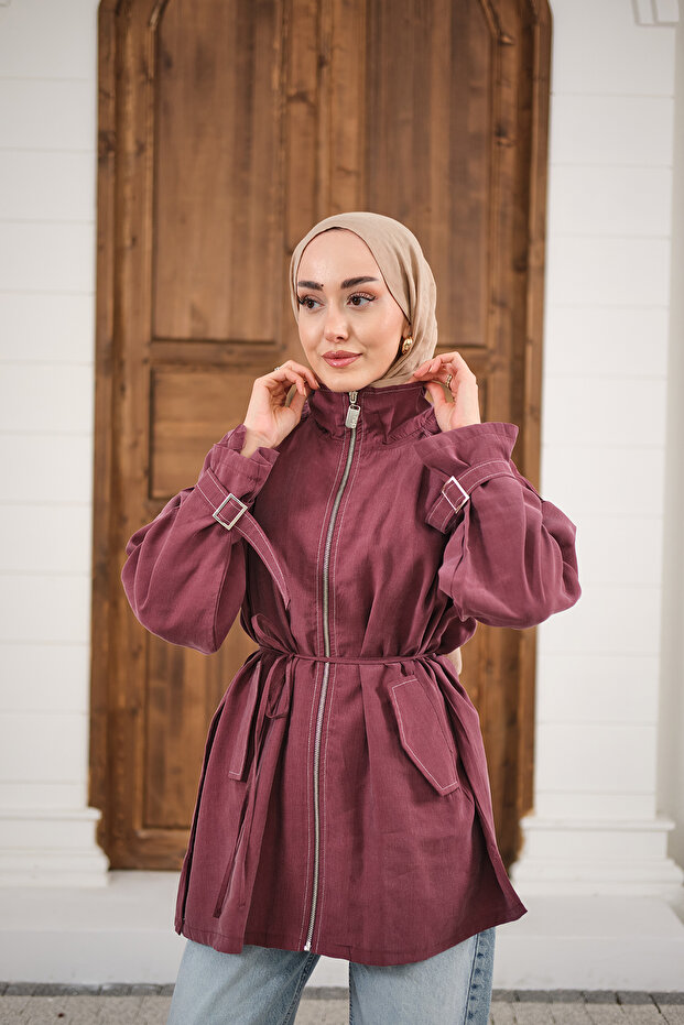 Women's Gold Zipper Detail Stitched Jacket Plum
