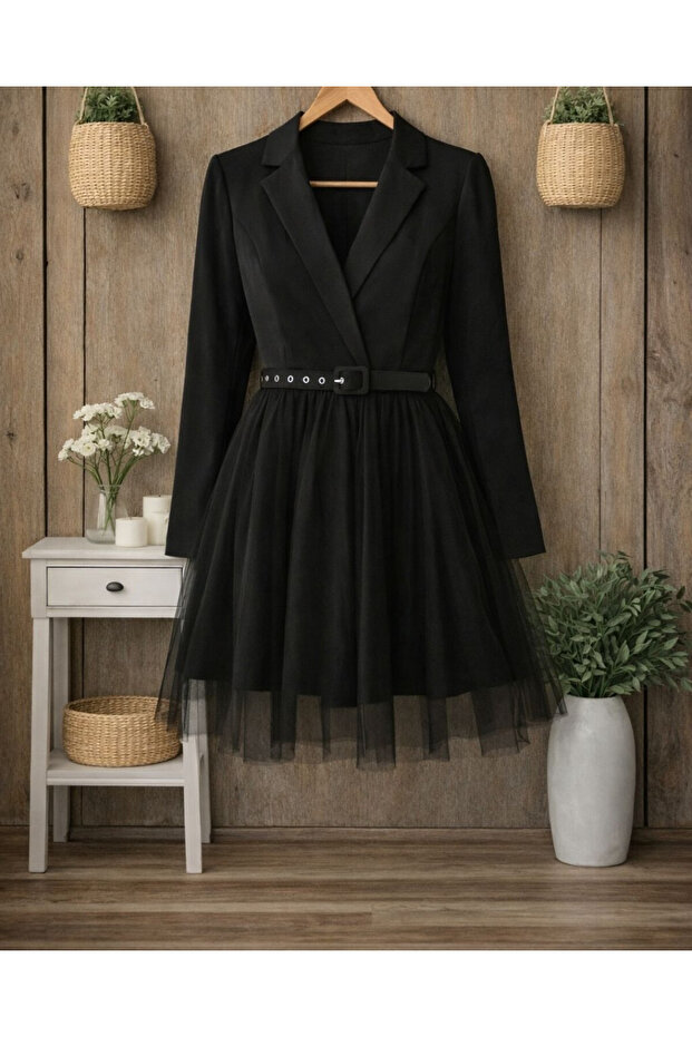 Women's Long Sleeve Belt Piece Mini Crepe Dress