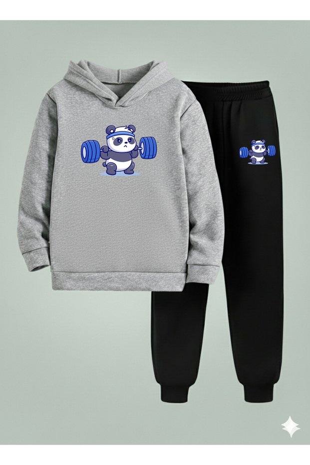 Hooded Kids Boys Set Halterci̇ Panda 3 İplik Şa Brushed Inside Weatshirt - Tracksuit Set