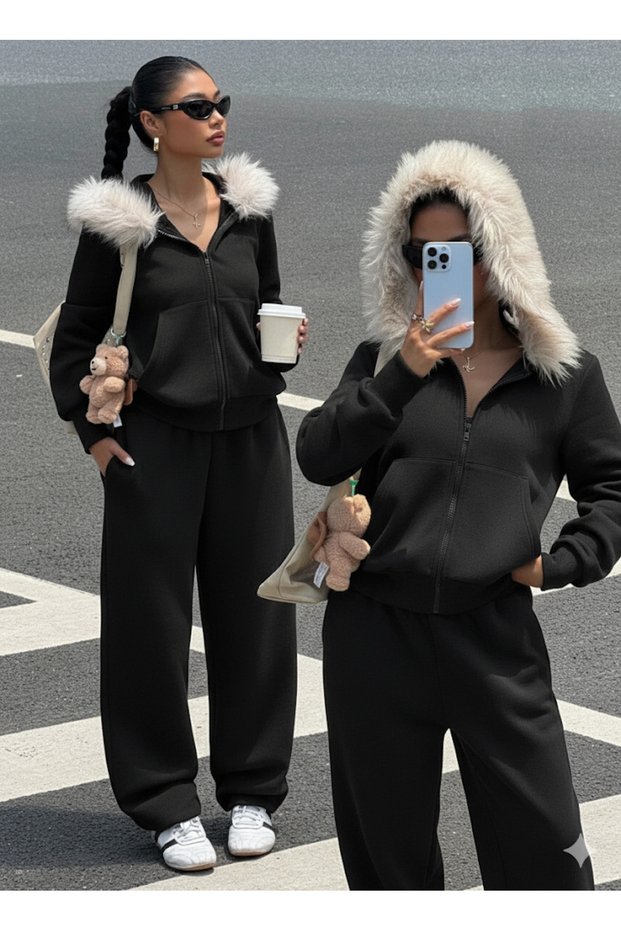 Women's Black - Smoked Zippered Hooded Sweatshirt Tracksuit Set – Fur-Trimmed Hoodie, Pocketed , Stay Comfortable