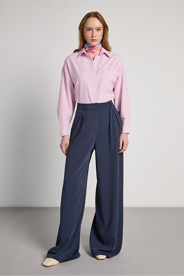 Women's Navy Blue Pleated Palazzo Pants 30068