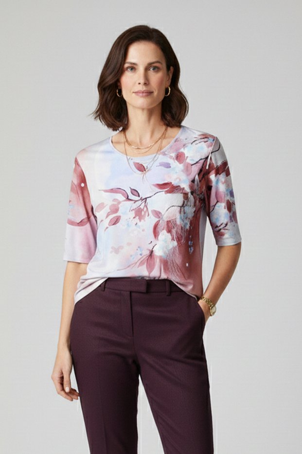Women's Plus Size Lycra Crew Neck Floral Pattern Short Sleeve Mom T-Shirt Combed Cotton Blouse