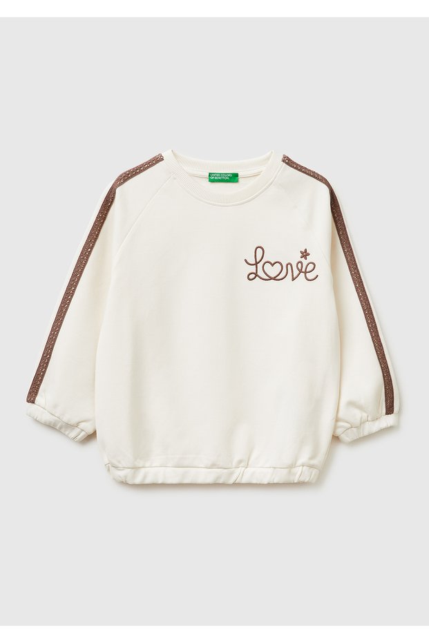Girl's Ecru Logo Embroidered R Ribbed Crew Neck Sweatshirt