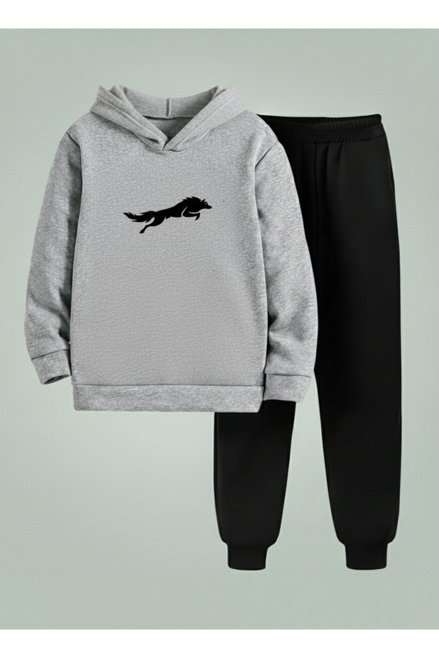 Hooded Kids Boys Kurt Printed 3 Thread Yarn Sh Brushed Inside Sweatshirt - Tracksuit Set