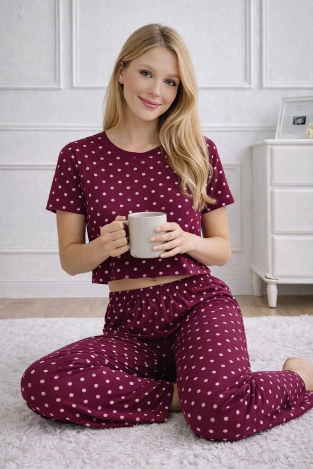 Women's Burgundy Polka Dot Patterned Top and Bottom Pajama Set - Home Wear