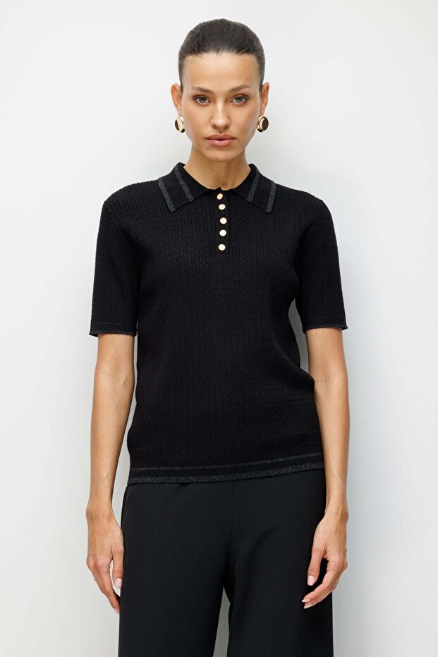 Collared Buttoned Fabric Patterned Blouse - 1
