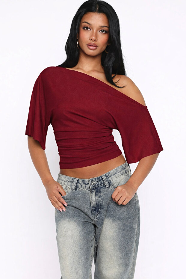 Asymmetric Collar Body Fitting Short Sleeve Stretchy Burgundy Women's Blouse