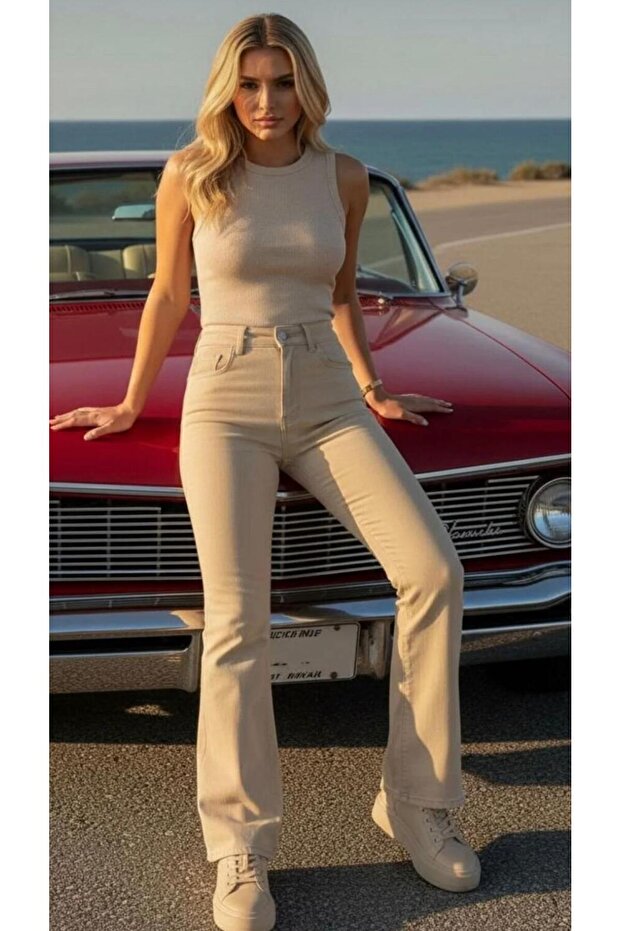 Beige Women's High Waist Stretchy Comfortable Spanish Jeans