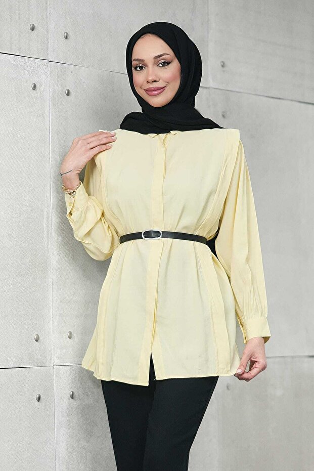 Yellow Hidden Placket Modal Woven Tunic with Waist Belt