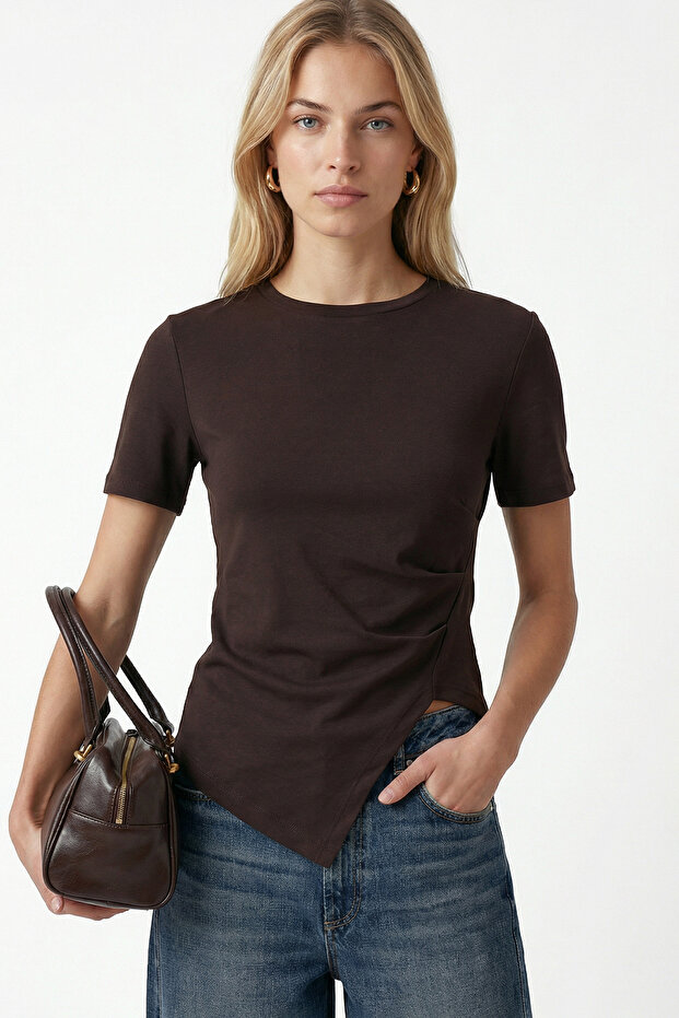 Women's Joyce Asymmetrical Detailed Brown T-Shirt / Blouse