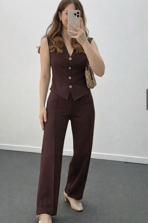 Azelia Modal Gold Buttoned Vest and Trousers Set