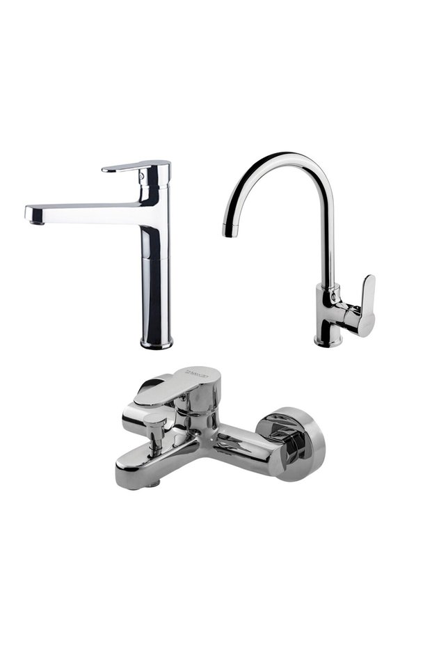 Domino Chrome Dish Basin-Bathroom-Sink Faucet Set of 3 971001-971511-971531