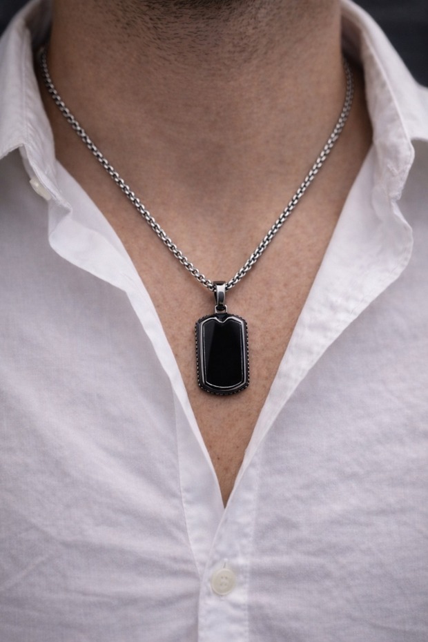 Men's Steel Necklace • Steel Necklace with Natural Stone • Gift Necklace for Lover • Spouse • Father