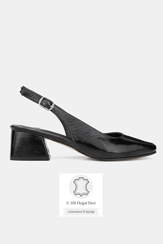 Women's Black Patent Leather Genuine Natural Leather Leather -43 Size Open Back Heel Shoes