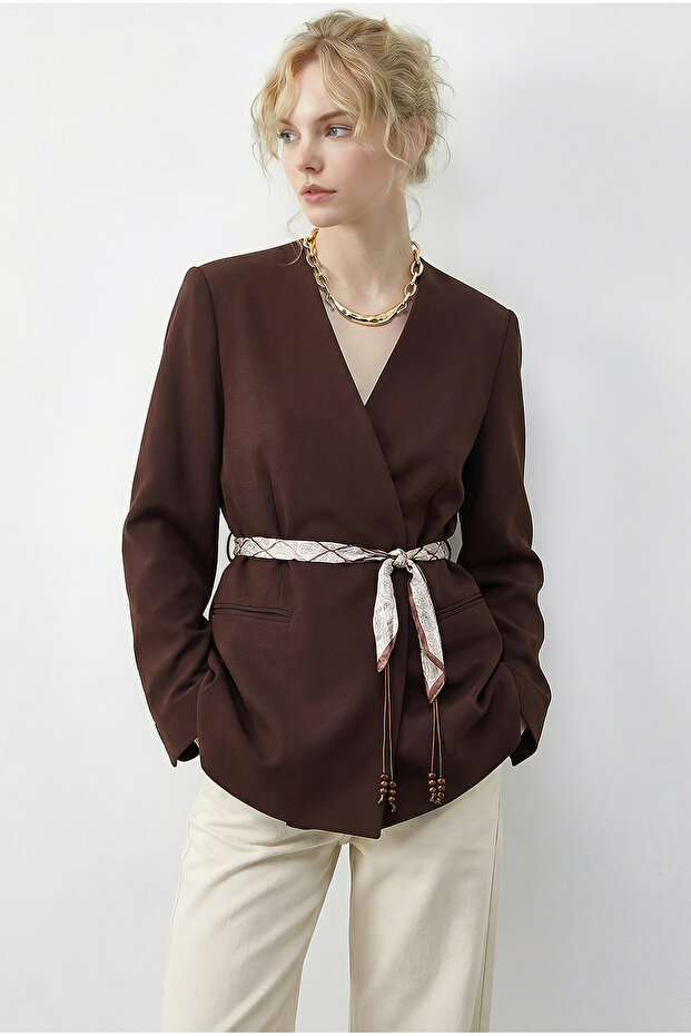 Women's Brown Double-Breasted Collared Blazer Jacket with Scarf Belt 8014 60283988